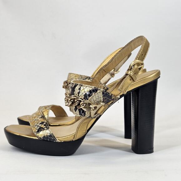 Michael Kors Sandal Women 7M Gold Snake Animal High Heel Chunky Boho Y2K 4.5"H - Picture 2 of 9